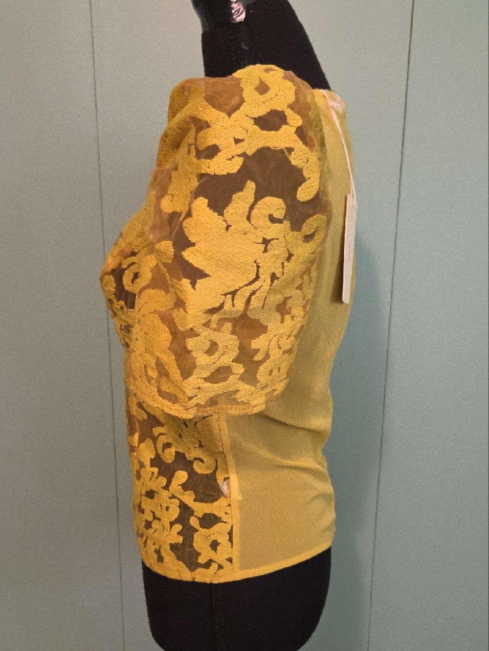 Nwt Peach Mustard Yellow Lace Puff Sleeve V-Neck Top Sheer Size Medium - Picture 3 of 7